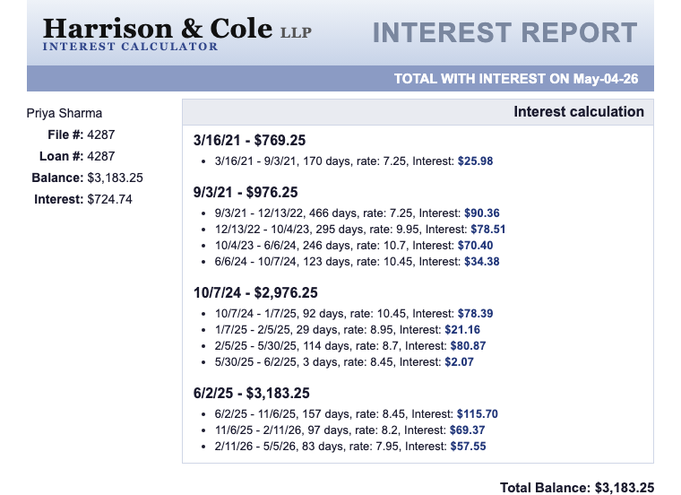 A Exact Penny individual interest report showing every rate segment and day count for one client file