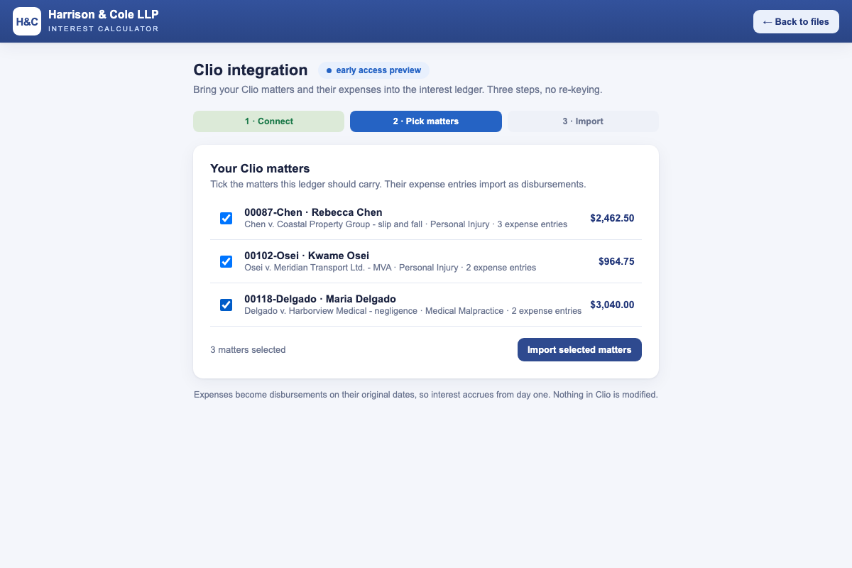 Step 2: a list of Clio matters with checkboxes and expense totals, ready to import